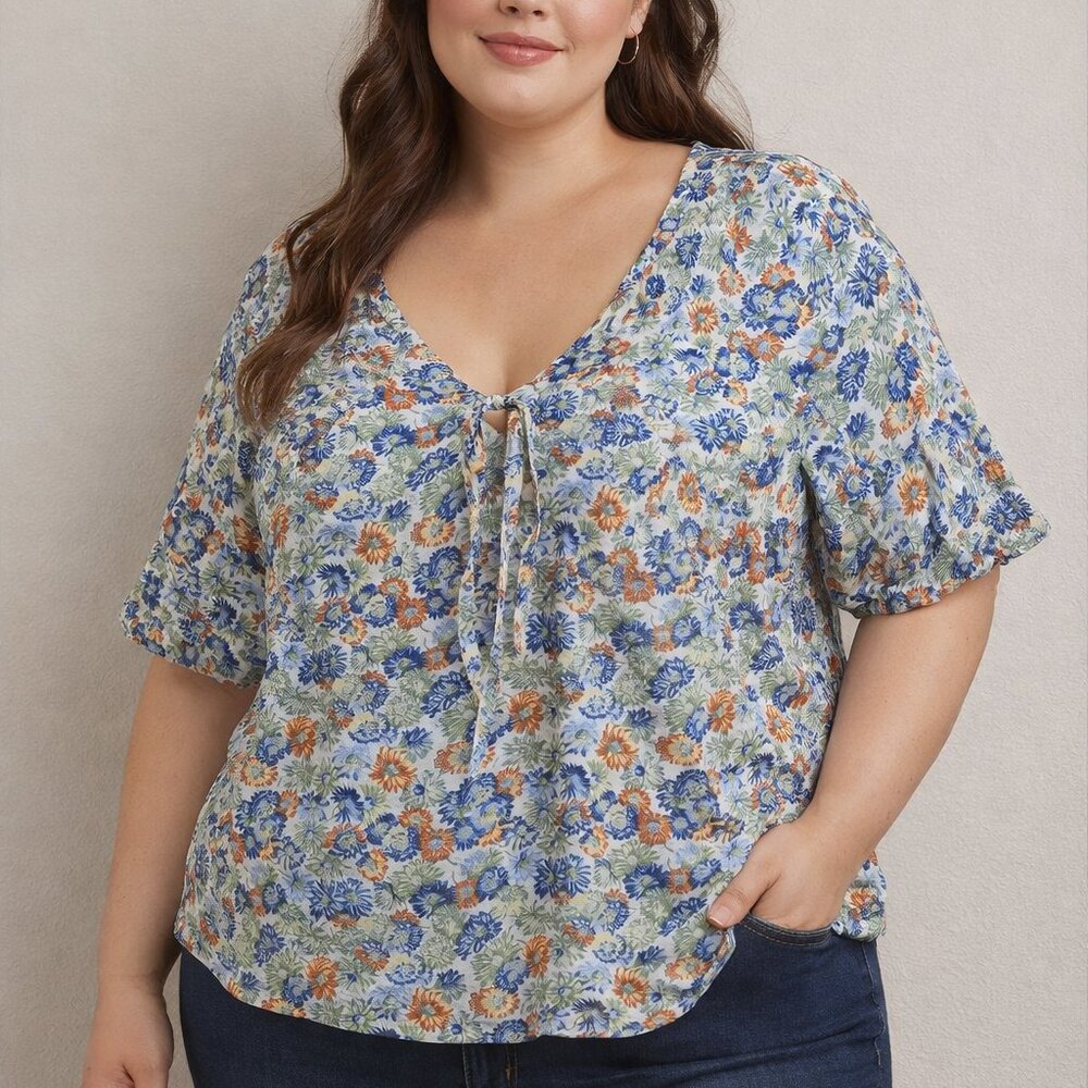 Treasure & Bond Womens Floral V-Neck Blouse L Ivory Multi Daisy Chain